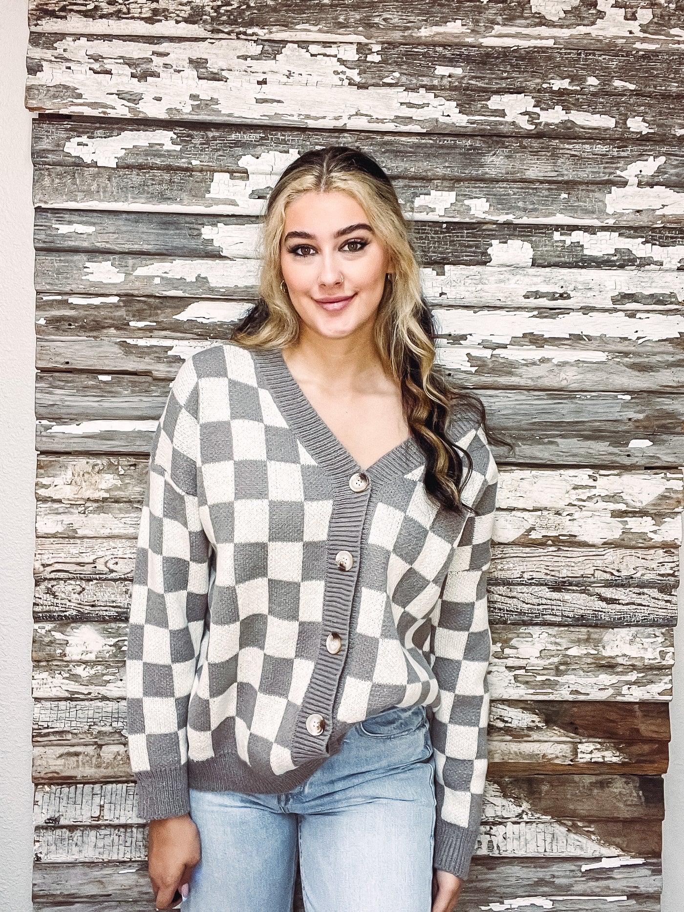 Taupe Check Cardigan - Small & Large left-112 SWEATERS & CARDIGANS-Bibi-Adelyn Elaine's Boutique, Women's Clothing Boutique in Gilmer, TX