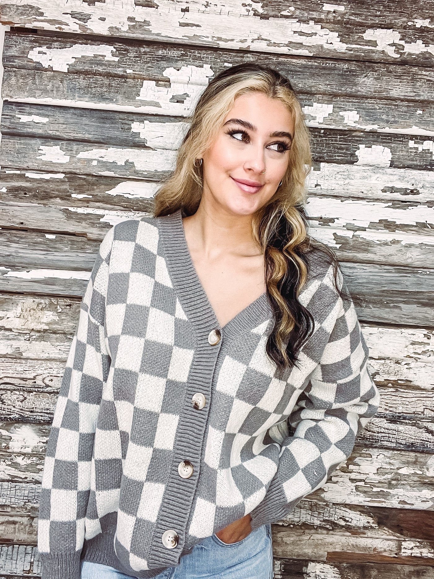 Taupe Check Cardigan - Small & Large left-112 SWEATERS & CARDIGANS-Bibi-Adelyn Elaine's Boutique, Women's Clothing Boutique in Gilmer, TX