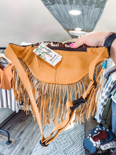 Tan + White - Cowhide Fanny Pack-201 BAGS, BELTS, HATS-Boho Ranch Shop-Adelyn Elaine's Boutique, Women's Clothing Boutique in Gilmer, TX