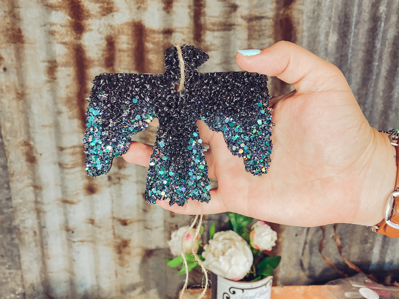 Black with Teal Glitter Thunderbird - Smelly Jelly-401 CAR ACCESSORIES-Adelyn Elaine's-Adelyn Elaine's Boutique, Women's Clothing Boutique in Gilmer, TX