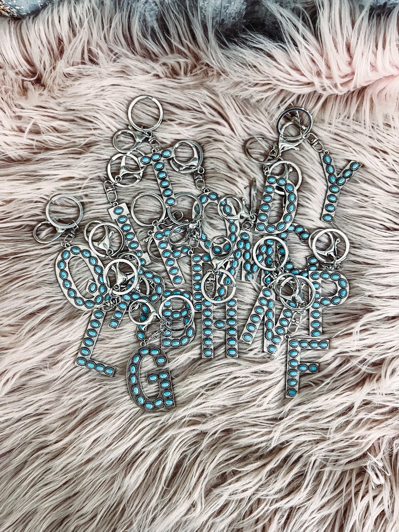 Turquoise Initial Keychain - Q left-401 CAR ACCESSORIES-Babe wholesale-Adelyn Elaine's Boutique, Women's Clothing Boutique in Gilmer, TX