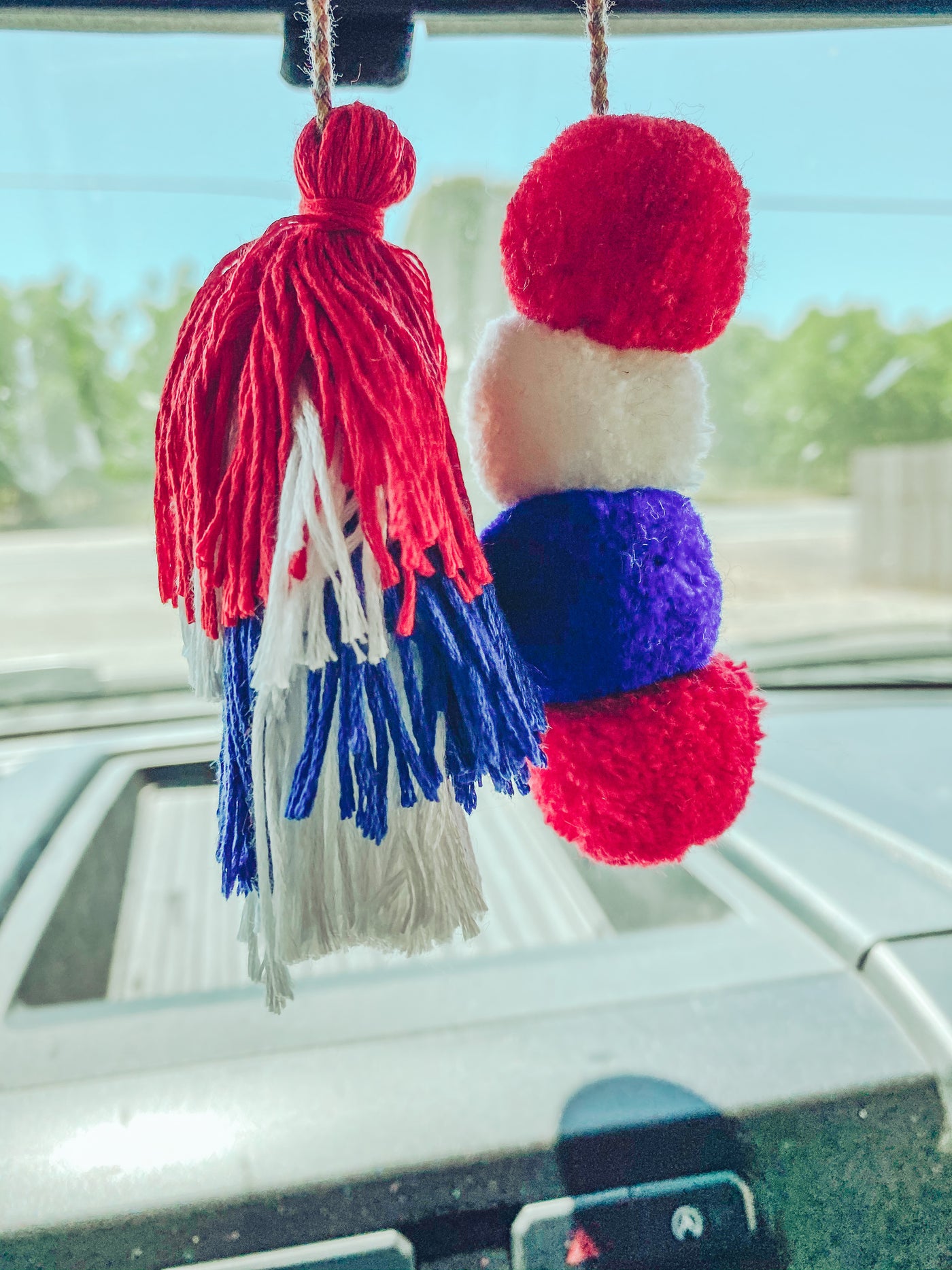 Red White & Blue Pom & Tassel - Rearview Mirror Hanger-401 CAR ACCESSORIES-Adelyn Elaine's-Adelyn Elaine's Boutique, Women's Clothing Boutique in Gilmer, TX