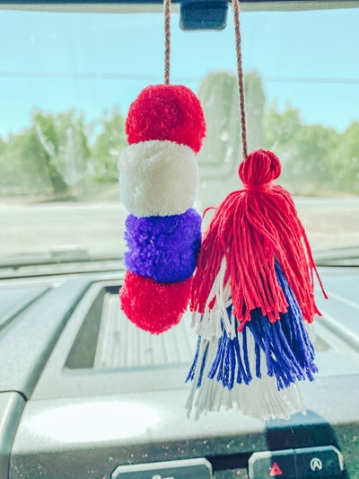 Red White & Blue Pom & Tassel - Rearview Mirror Hanger-401 CAR ACCESSORIES-Adelyn Elaine's-Adelyn Elaine's Boutique, Women's Clothing Boutique in Gilmer, TX