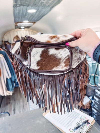 Brown + White - Cowhide Fanny Pack-201 BAGS, BELTS, HATS-Boho Ranch Shop-Adelyn Elaine's Boutique, Women's Clothing Boutique in Gilmer, TX