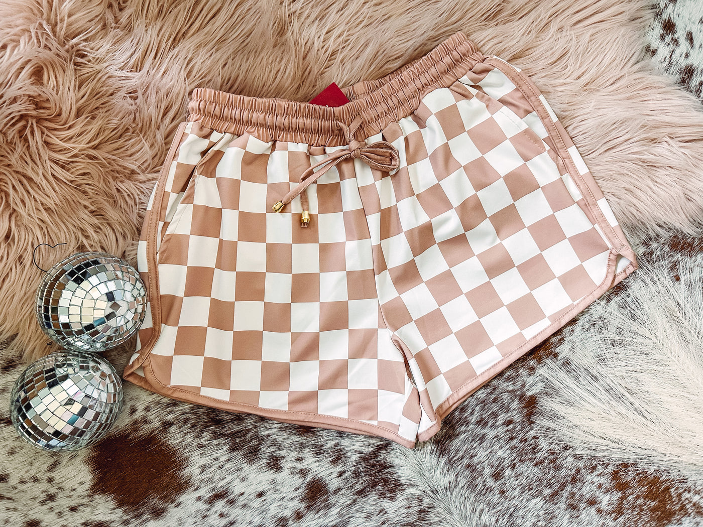 Taupe Checkers - Drawstring Shorts-120 BOTTOMS-Jess Lea-Adelyn Elaine's Boutique, Women's Clothing Boutique in Gilmer, TX