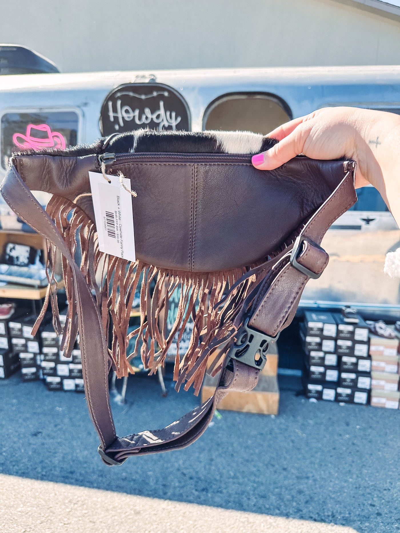 Brown + White - Cowhide Fanny Pack-201 BAGS, BELTS, HATS-Boho Ranch Shop-Adelyn Elaine's Boutique, Women's Clothing Boutique in Gilmer, TX