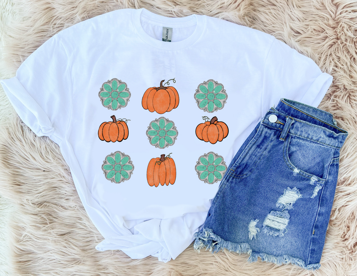 Pumpkin + Turquoise - Crew Neck T-Shirt