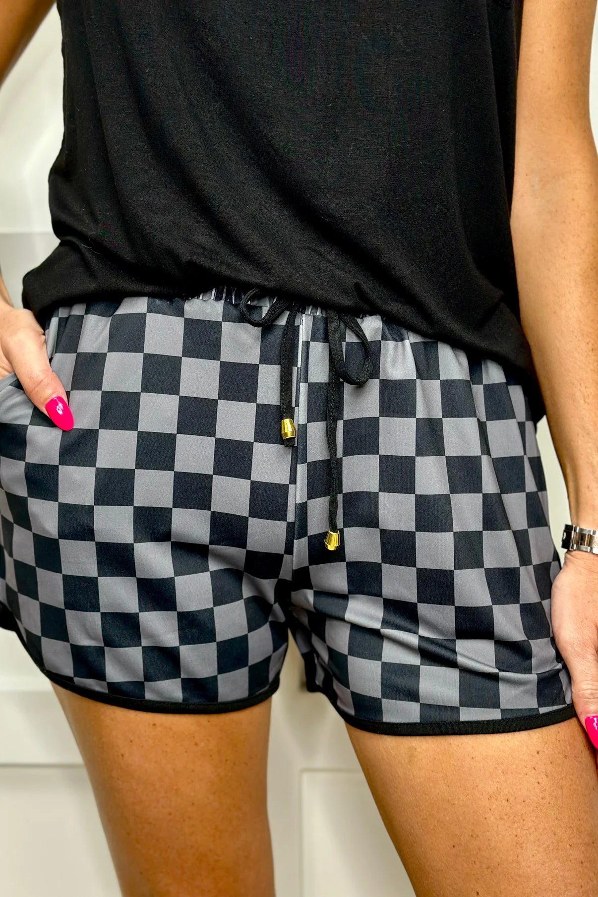 Black Checker - Drawstring Shorts-120 BOTTOMS-Jess Lea-Adelyn Elaine's Boutique, Women's Clothing Boutique in Gilmer, TX
