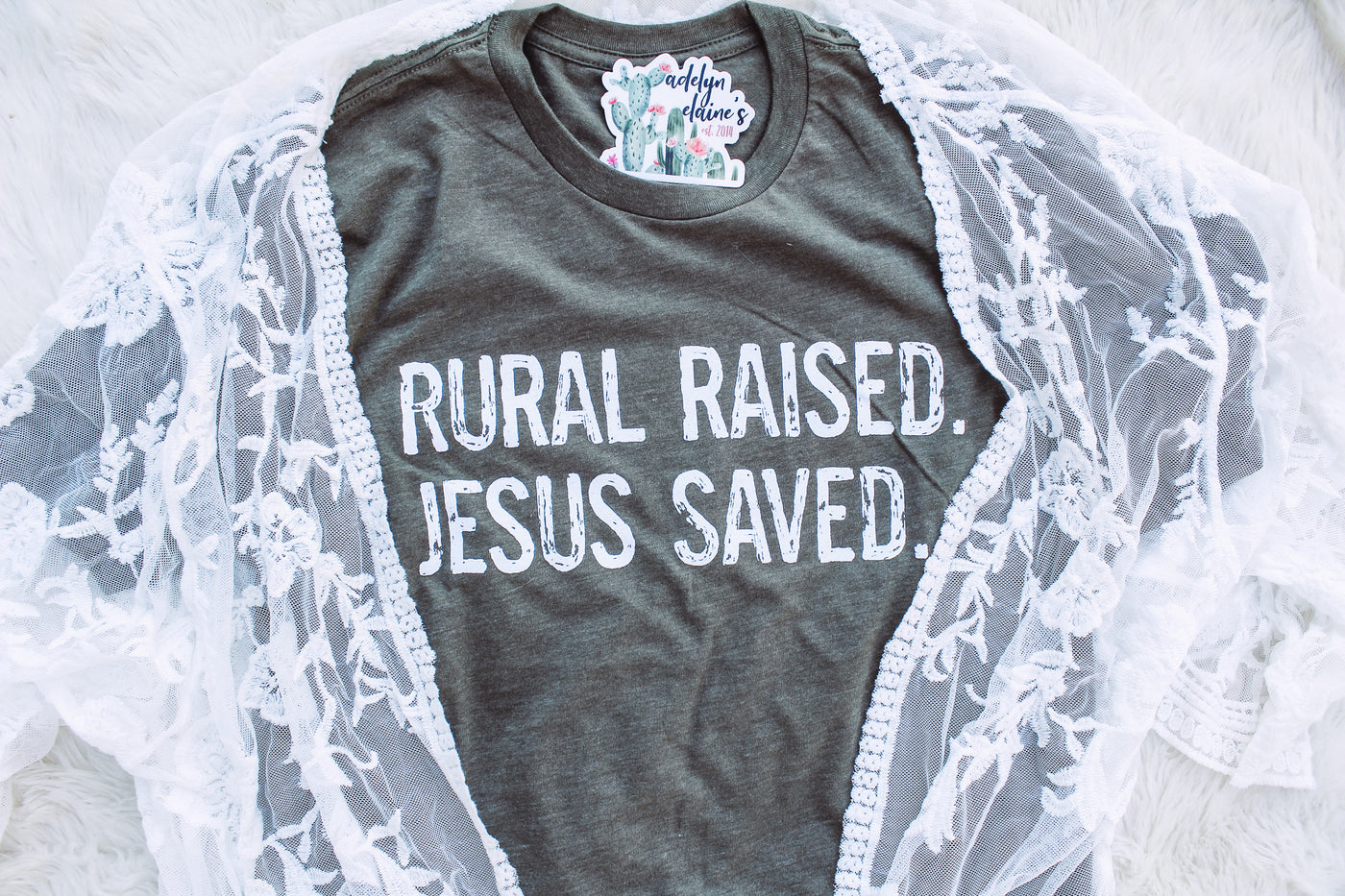 Rural Raised. Jesus Saved. - Crew Neck T-Shirt-110 GRAPHIC TEE-Adelyn Elaine's-Adelyn Elaine's Boutique, Women's Clothing Boutique in Gilmer, TX