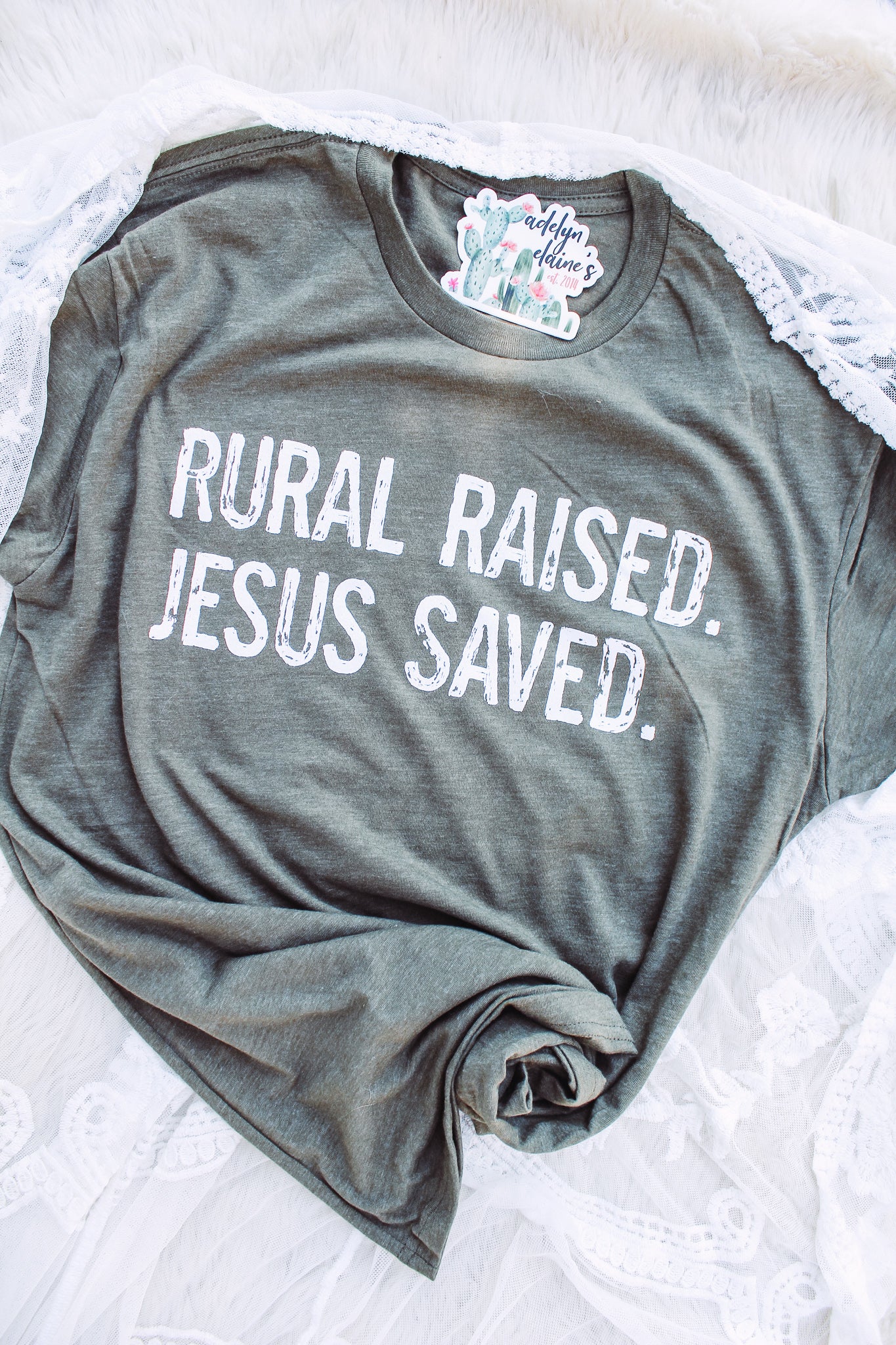 Rural Raised. Jesus Saved. - Crew Neck T-Shirt-110 GRAPHIC TEE-Adelyn Elaine's-Adelyn Elaine's Boutique, Women's Clothing Boutique in Gilmer, TX