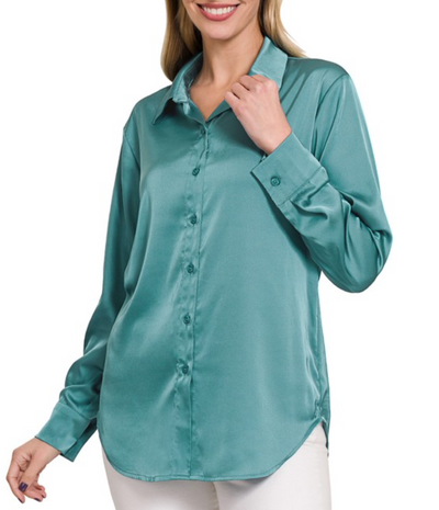 Dusty Teal - Satin Button Up