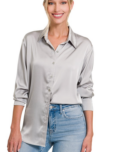 Silver - Satin Button Up - M & L