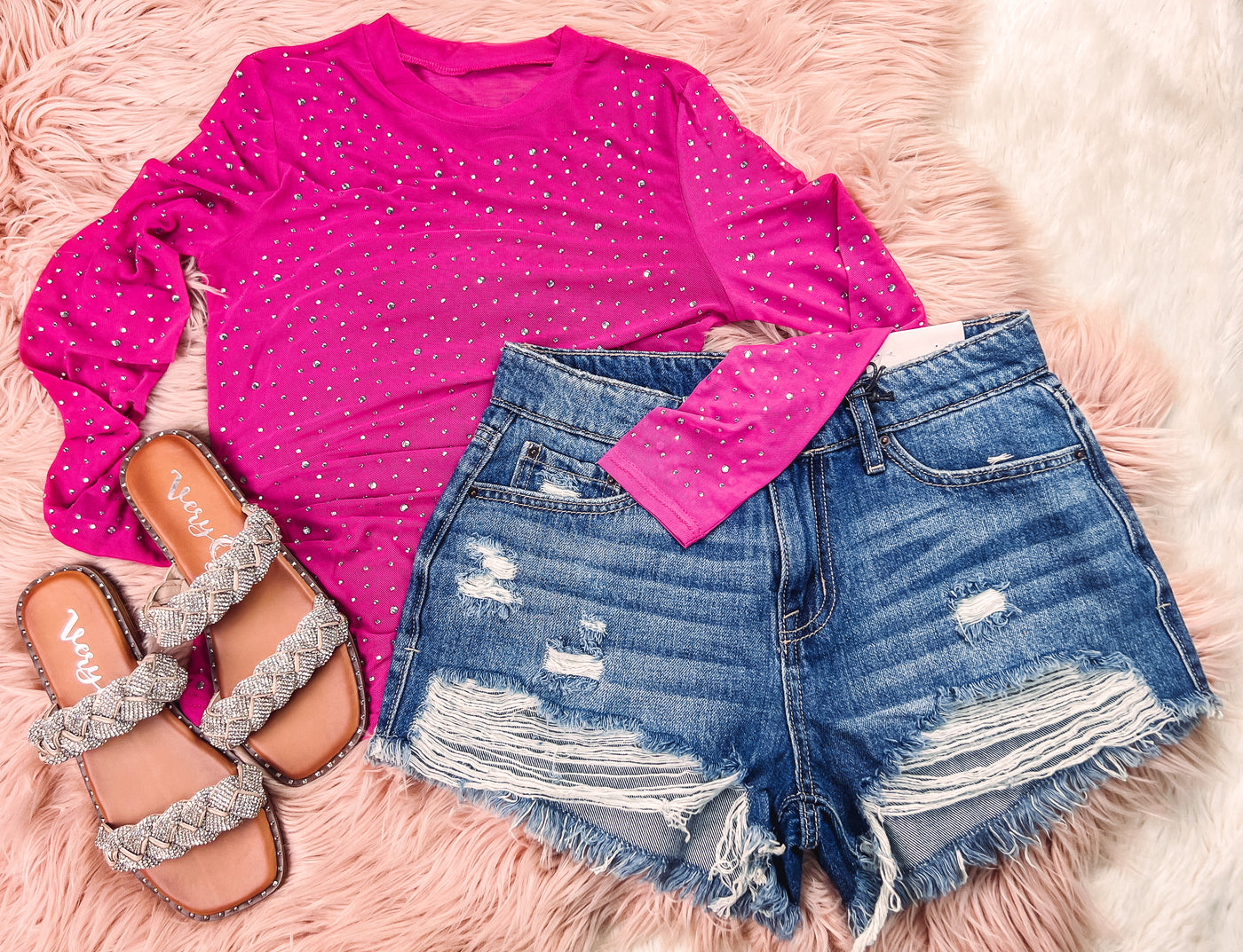 Hot Pink - Rhinestone Mesh Top - Small left
