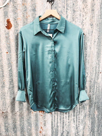 Dusty Teal - Satin Button Up